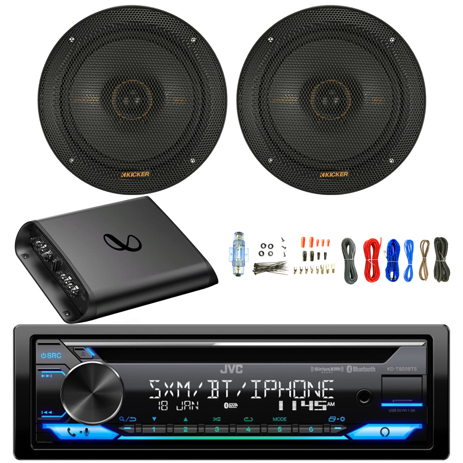 JVC Single DIN AM/FM Bluetooth CD Receiver, Amp w/Kit, 2x 6.5″ 200W Speakers