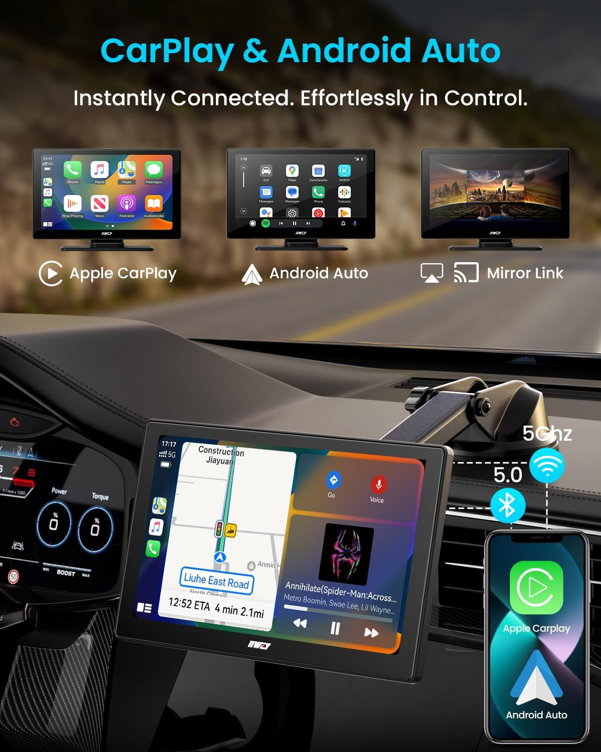 IK5 9″ Wireless Apple Carplay & Android Auto Screen, Portable Car Stereo with 4K