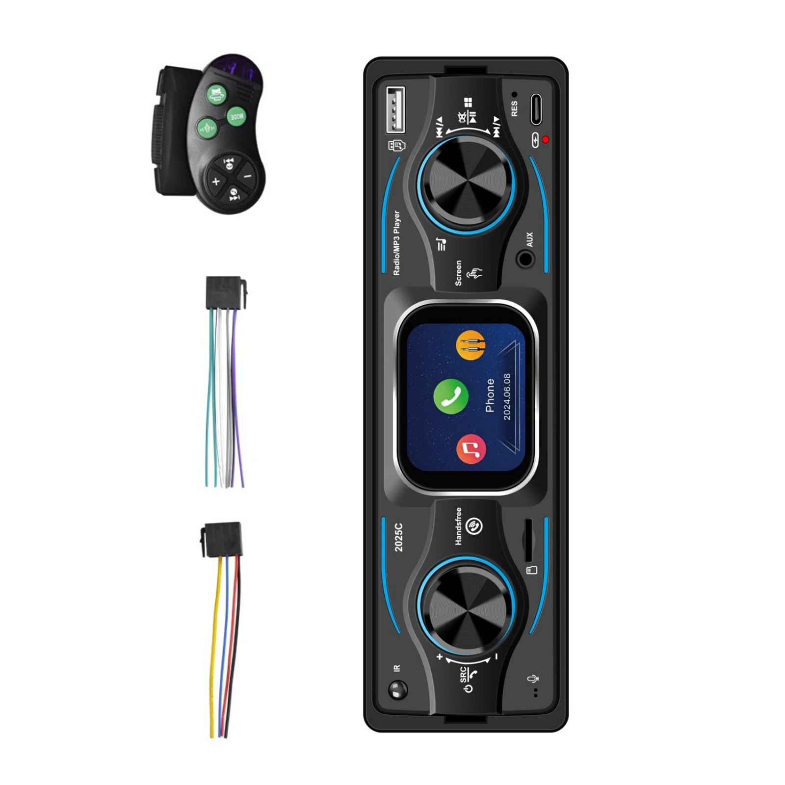 1DIN Car Radio with LED Segment Display, 7 Colors Blue Red Yellow Purple Green