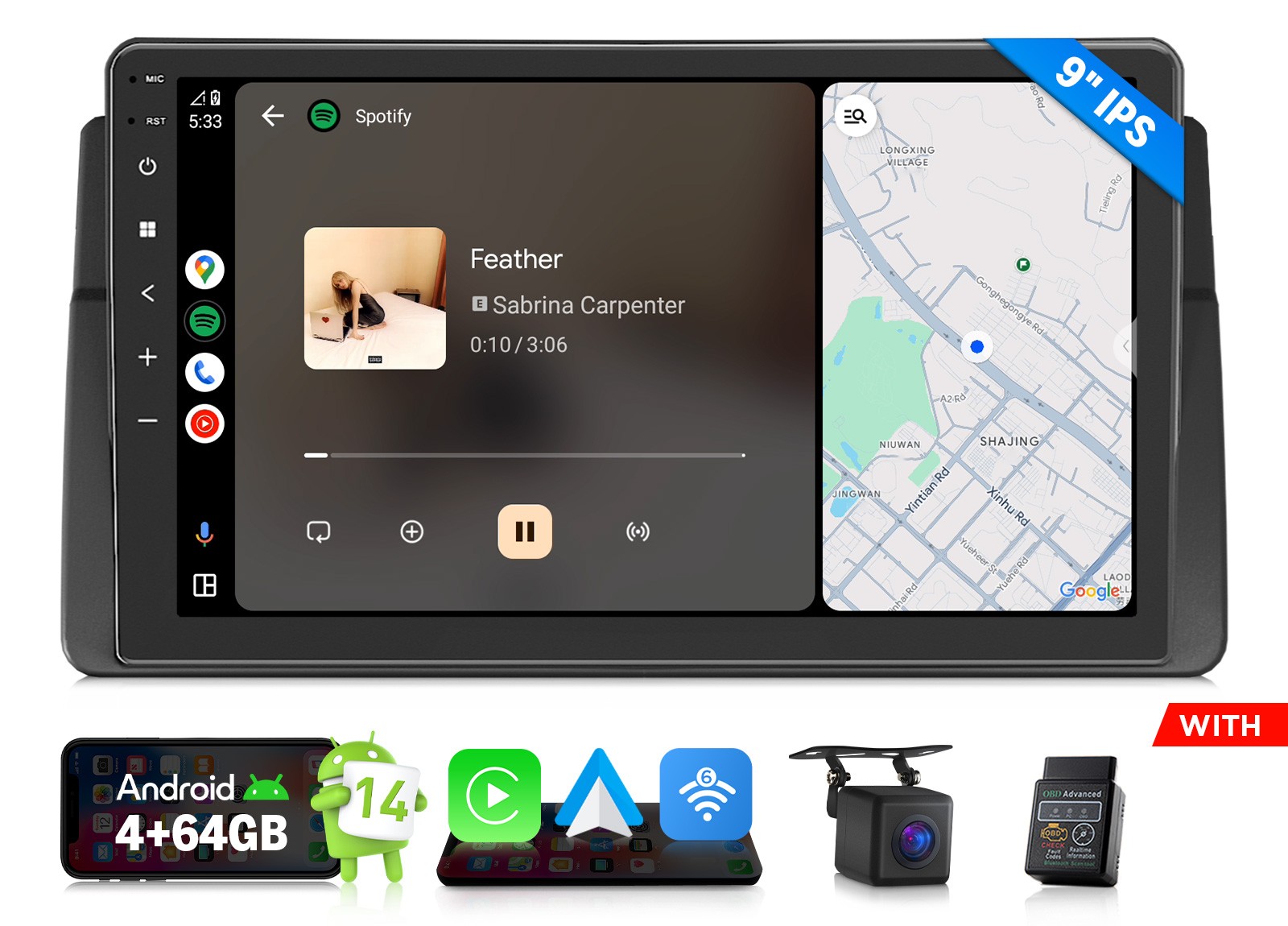 9″ IPS Android 14 4+64GB Car Stereo Head Unit CarPlay RDS BT for BMW E46 330i M3