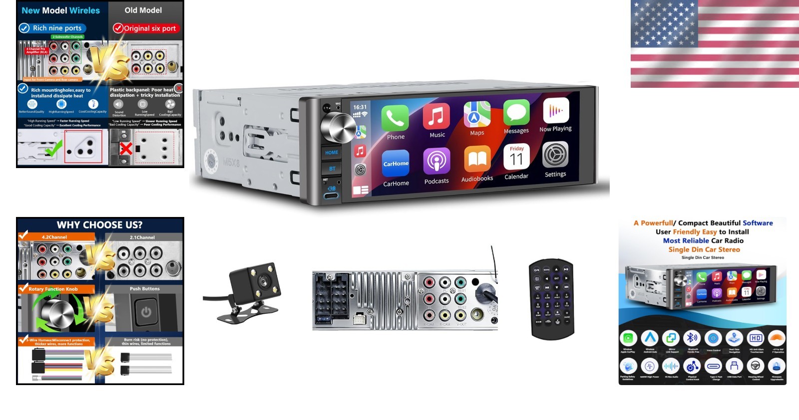 Single Din Car Stereo Wireless Apple CarPlay Android Auto 7-inch Touchscreen