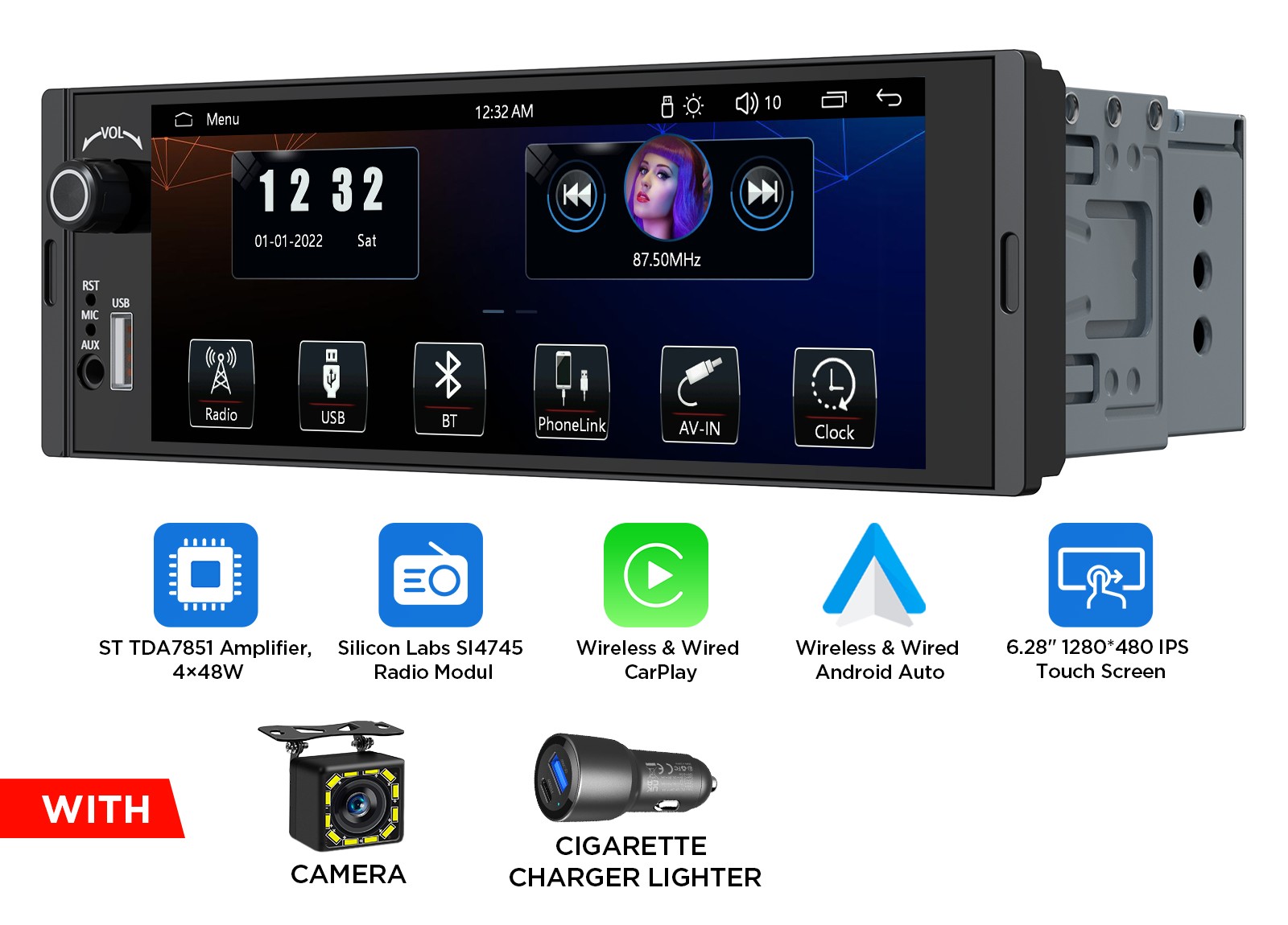 Single DIN 6.28″ IPS Wireless CarPlay Android Auto RDS AM/FM Car Stereo Headunit