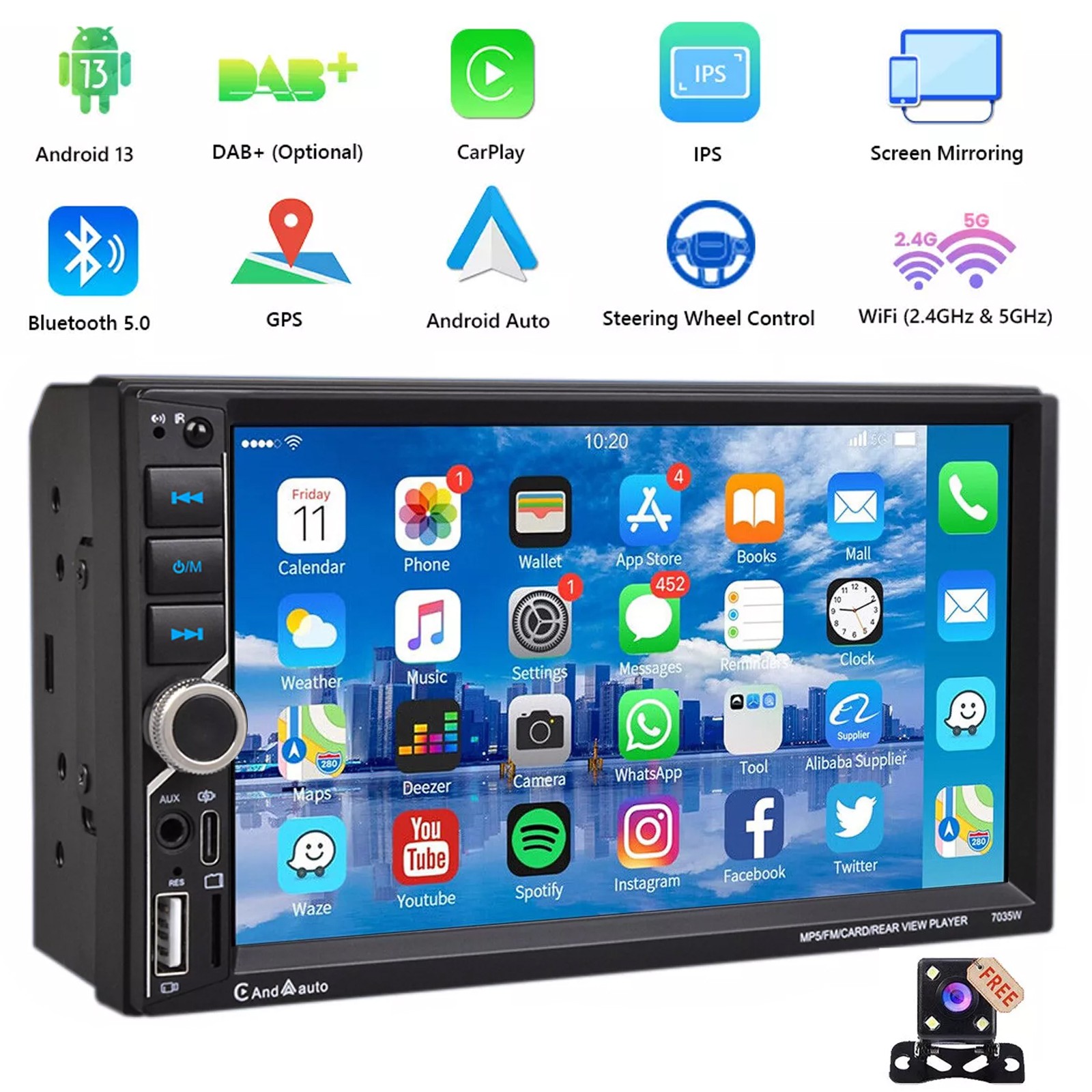 7″ 2 DIN Wireless Touch Screen Car Stereo Radio Carplay Android Auto with Camera