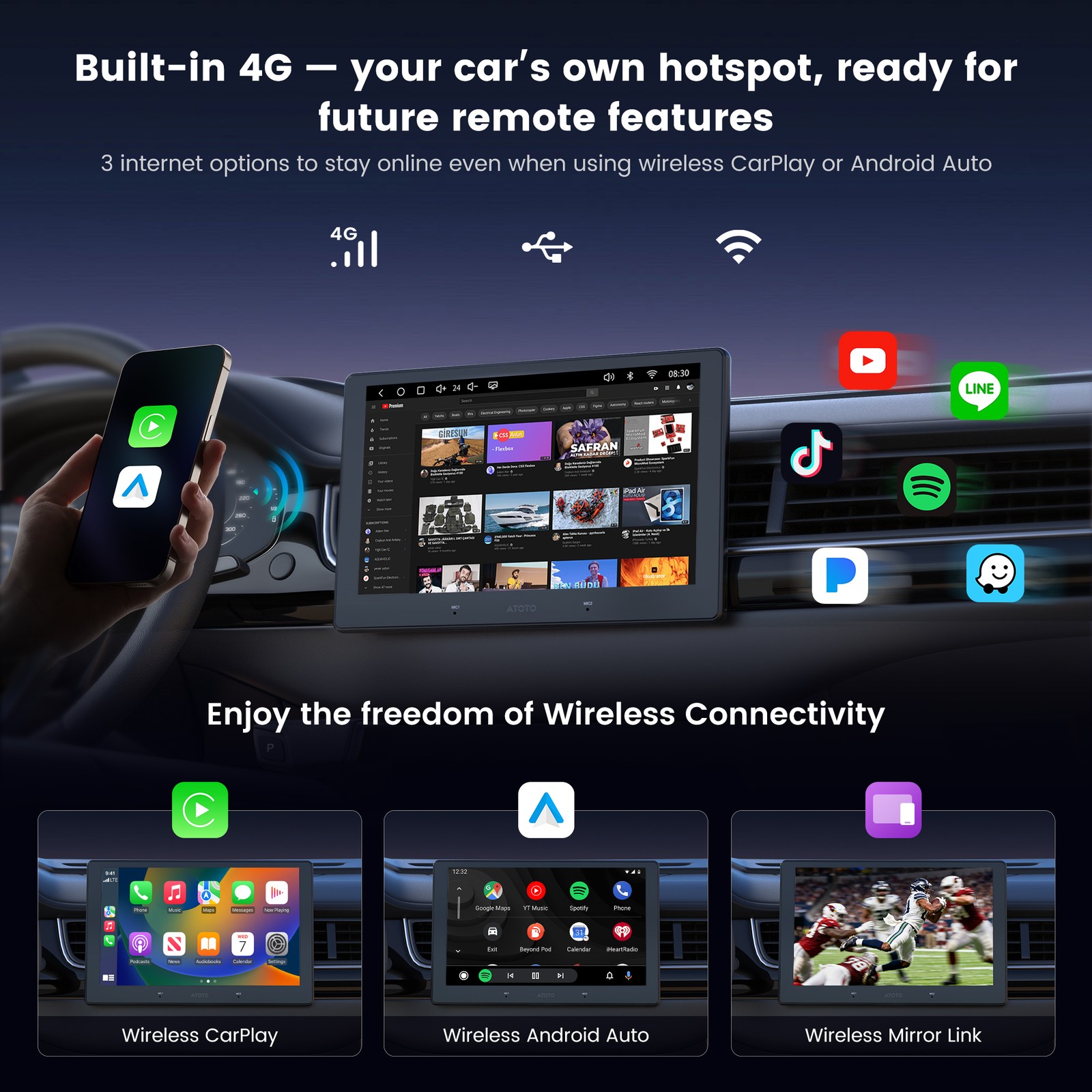 2026 New ATOTO 9″ QLED Android Double DIN Car Stereo 4G LTE Remote Live View