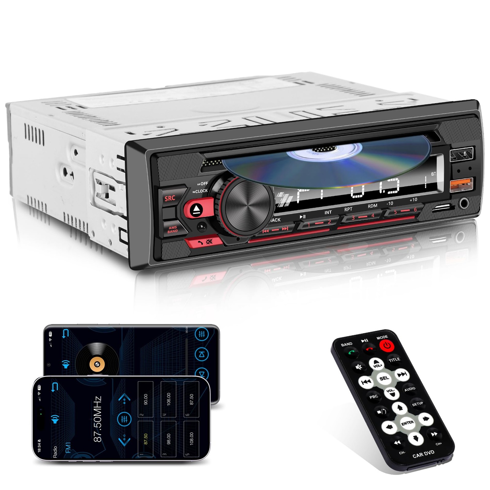 Single DIN CD/DVD Car Stereo with Bluetooth Hands-Free Calling, Push-to-Talk …