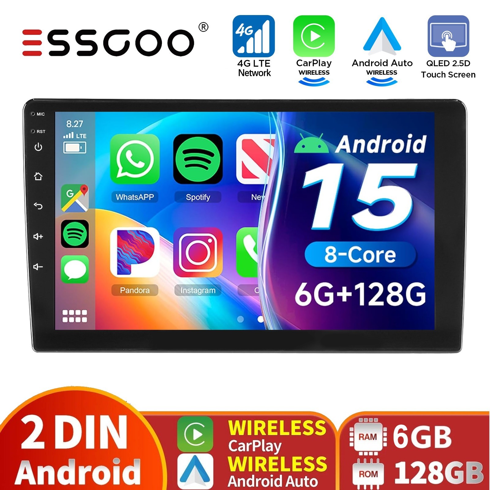 6G+128GB 8-Core Android 15 10.1″ Car Stereo Radio with GPS Navi WiFi FM CarPlay