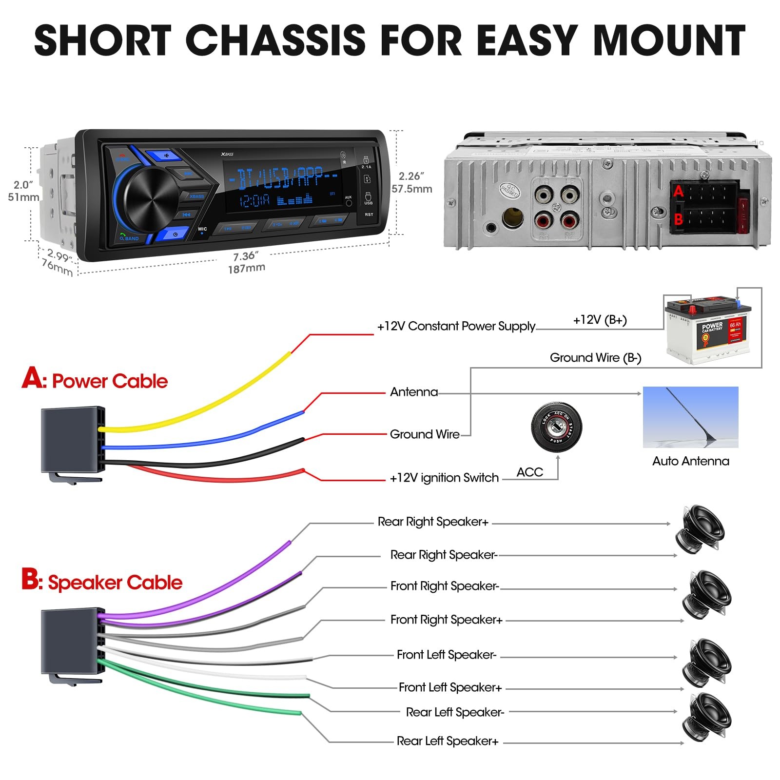 Single Din Car Stereo Bluetooth 1-Din Radio MP3 Player LCD AM FM USB SD AUX 300W