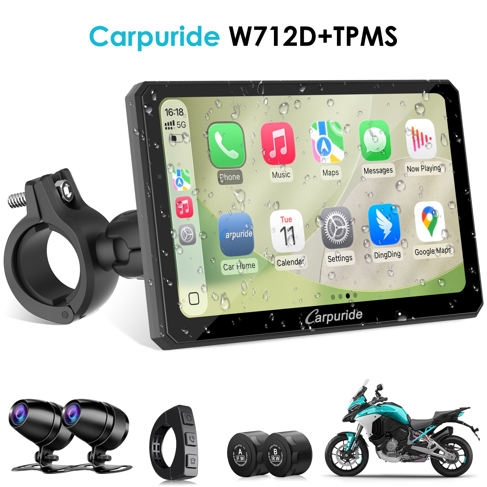 Carpuride W712D Wireless Carplay Android Auto Motorcycle Wired Controlled TPMS