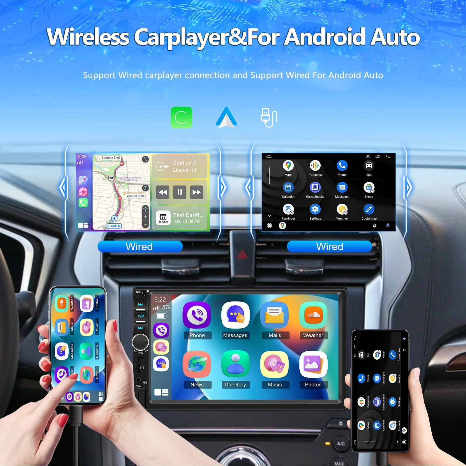 7″ HD Car Stereo,USB,FM Radio,Wireless,Mirror Link, 7-Color Backlight 2Din Audio