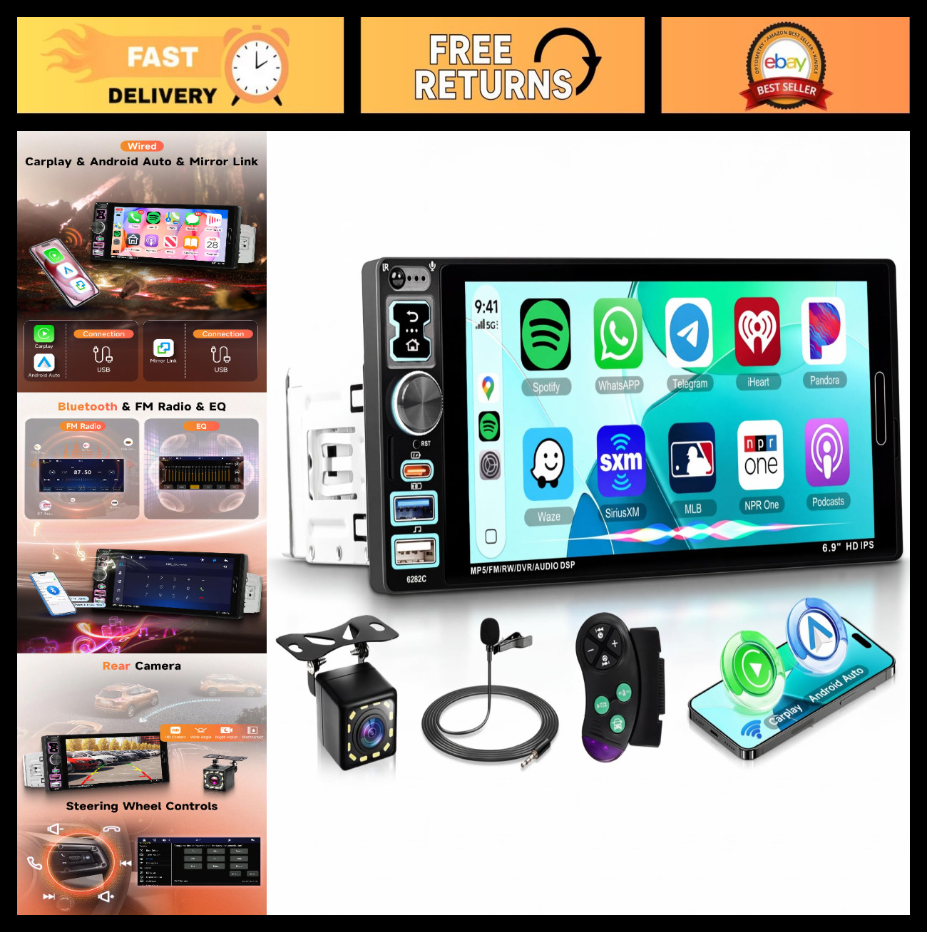 6.9″ Single Din Car Stereo, Bluetooth 5.2, Wired CarPlay & Android Auto, Touch S