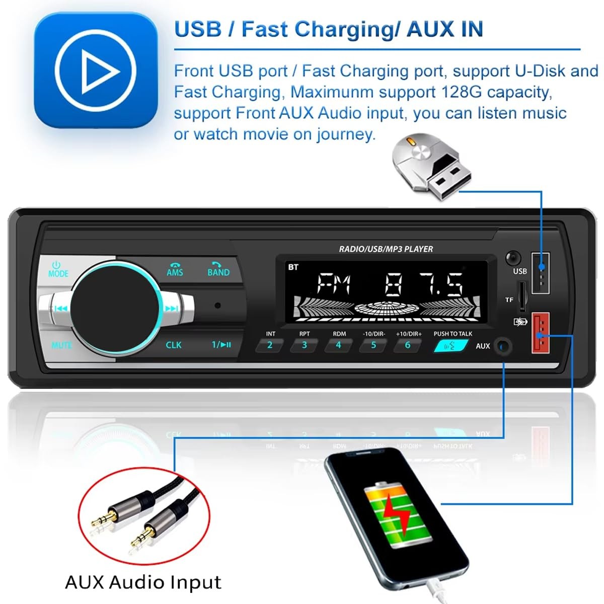 Aototeck Single DIN Car Stereo Bluetooth Hands-Free, 12V-24V Radio with…