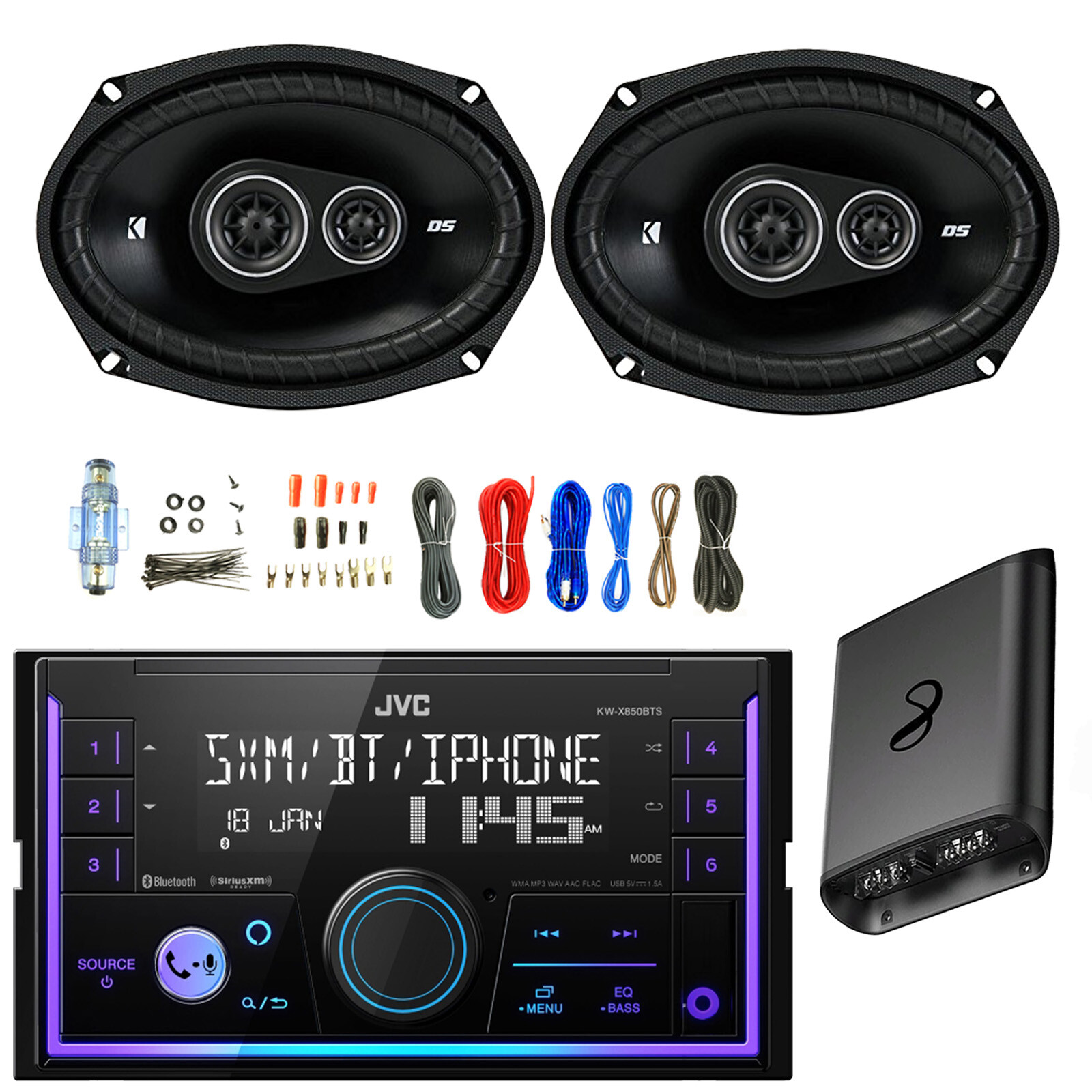 JVC Double DIN Bluetooth AM/FM Radio Receiver, 2x 6×9″ 360W Speakers, Amp w/Kit
