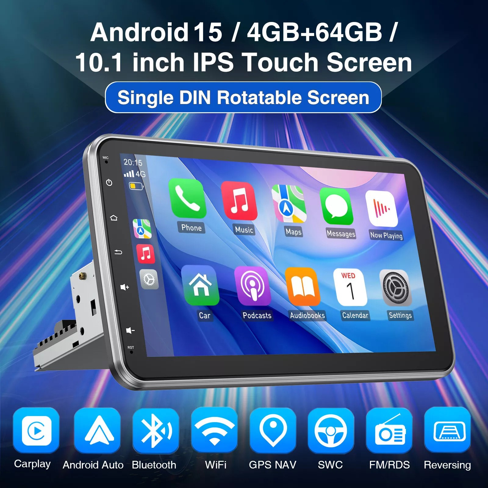 Single 1DIN Rotatable 10.1″ Android 15 Touch Screen Car Stereo Radio GPS Wifi BT