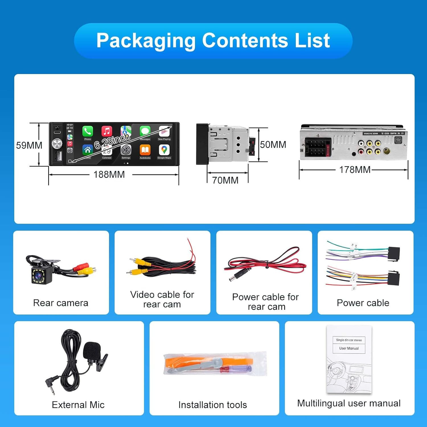Single Din Radio Car Stereo with Apple Carplay & Android Auto, 6.28 Inch HD Touc