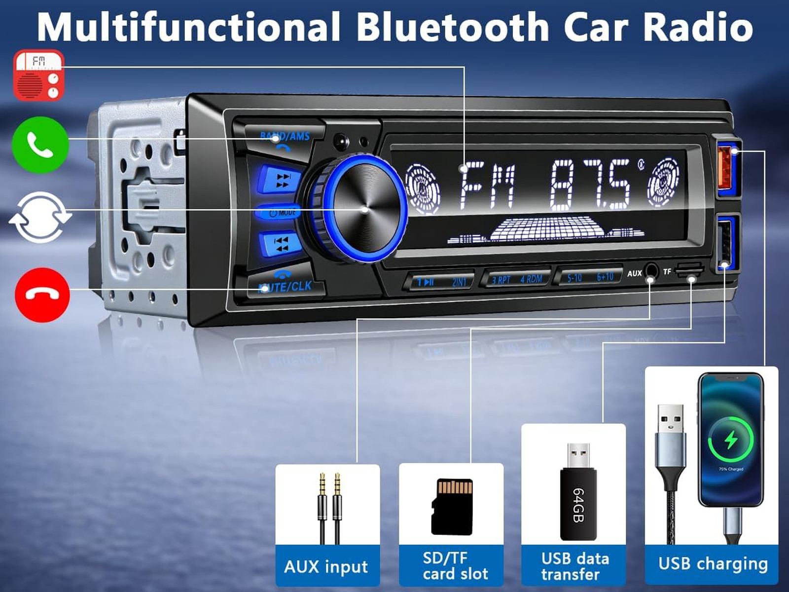 Car Radio Bluetooth Single DIN Car Stereo with FM MP3 EQ SD AUX Dual USB for iOS