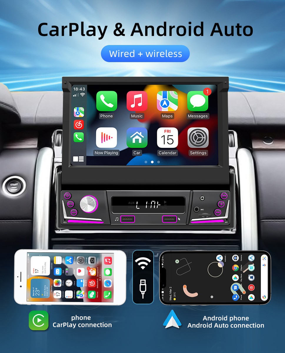7” Single Din Android 15 Retractable Screen Car Radio GPS WIFI Carplay + Remote
