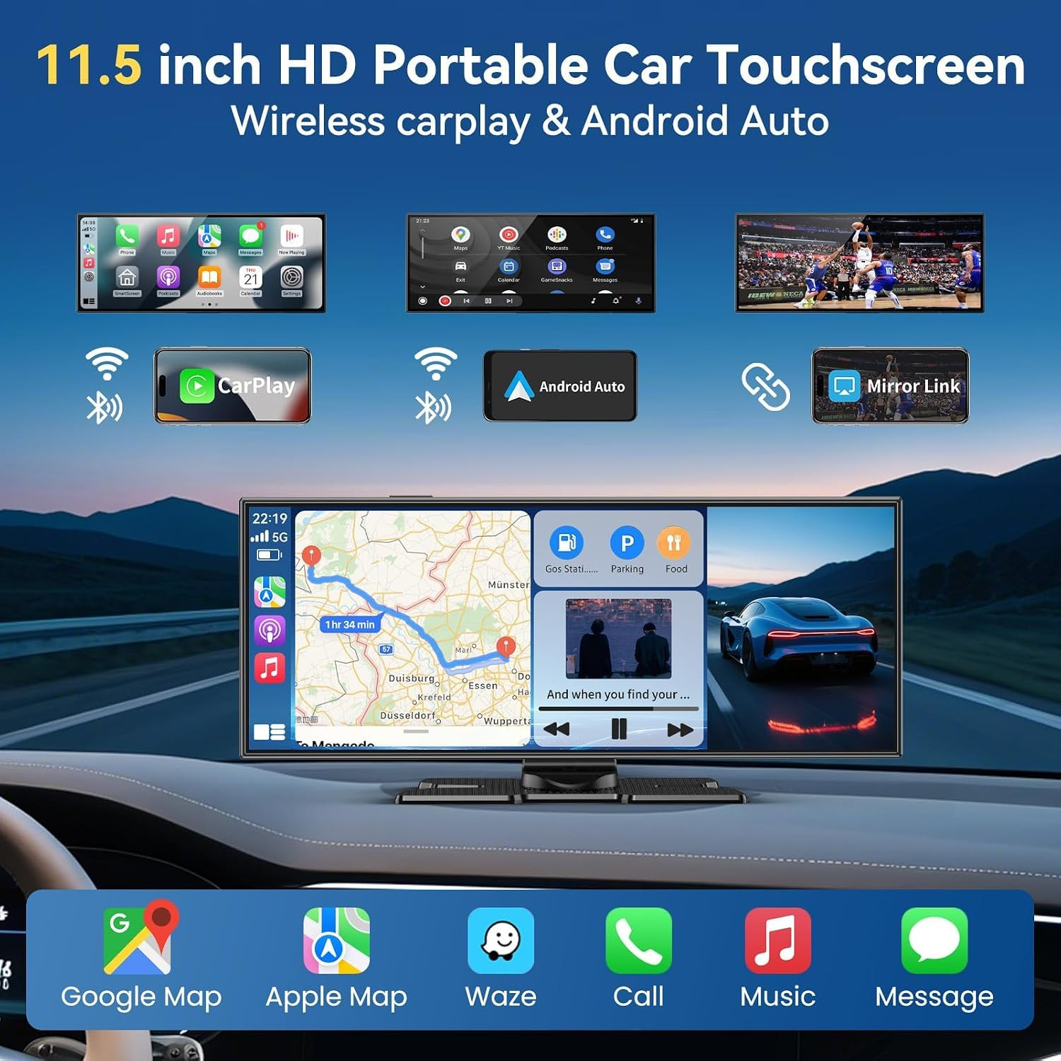 Carplay Screen for Car, 11.5″ Wireless Carplay Screen with 4K Dash Cam, 1080P Re