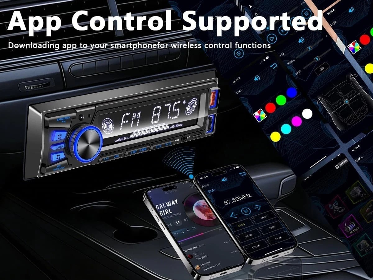 Bluetooth Car Radio with Dual USB Ports & Customizable LED Lights, Single DIN