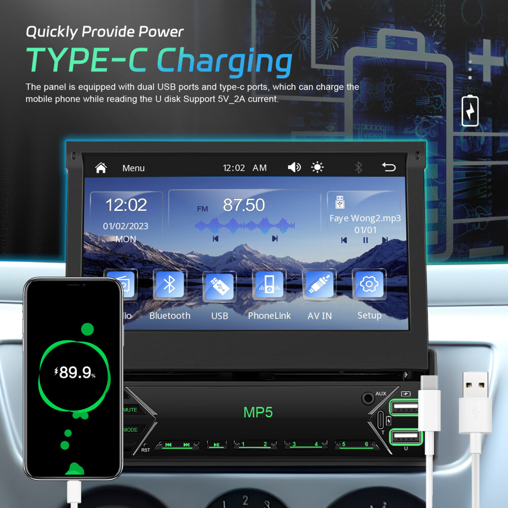 Single 1DIN 7″ Car Stereo Radio Carplay Android Auto Flip Out Touch Screen + Cam