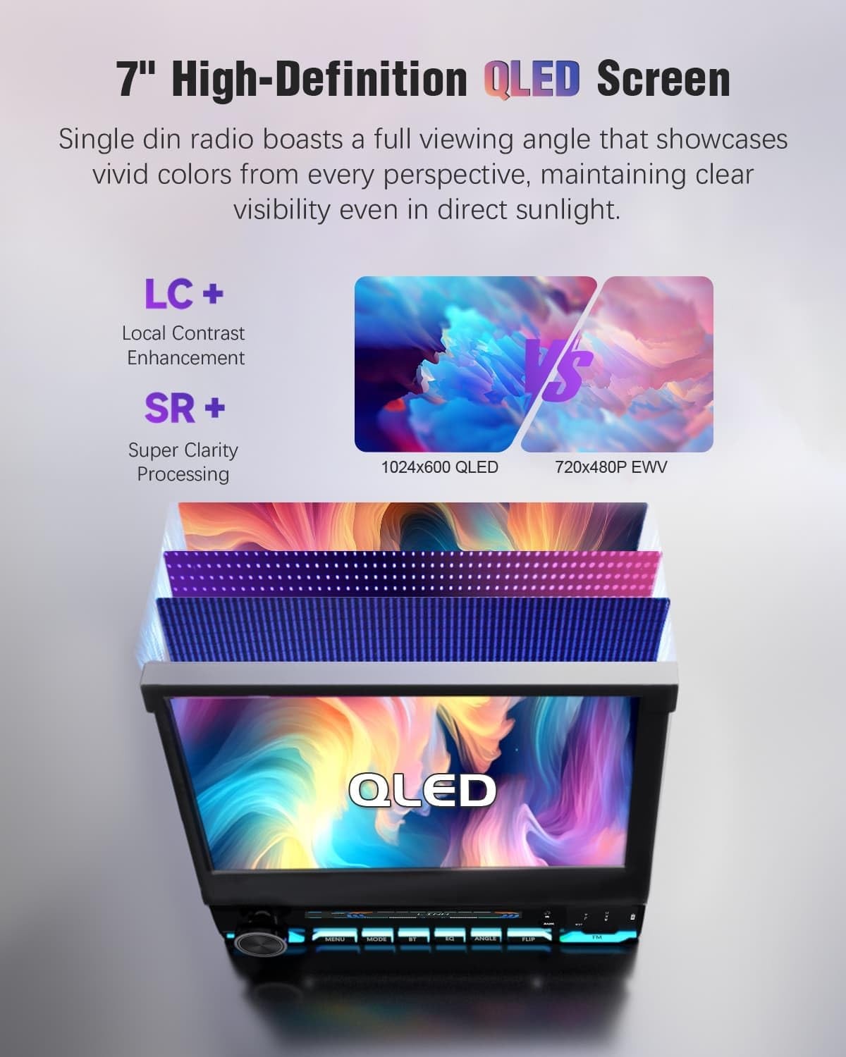 Single Din Touchscreen Radio SOOEMAKA Wireless CarPlay QLED Flip Out