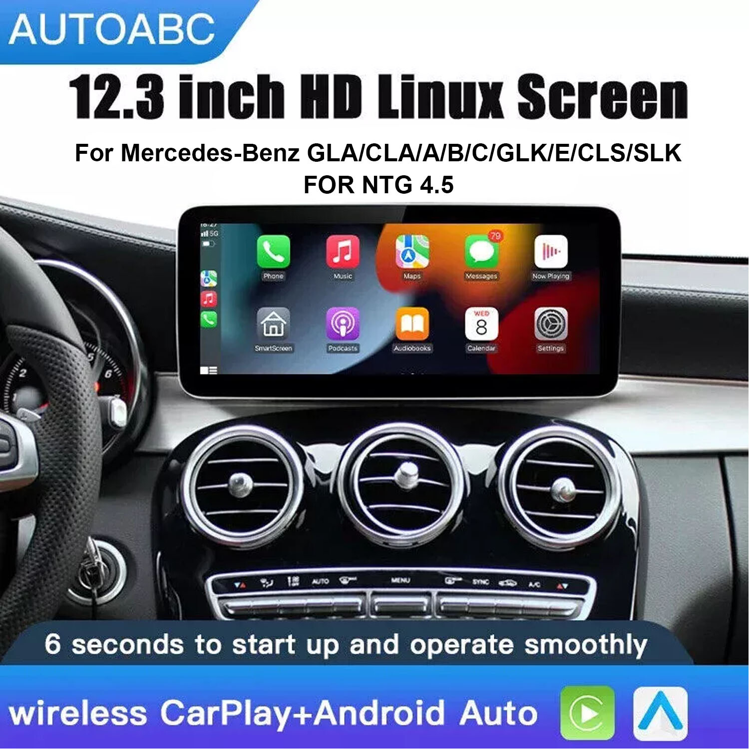 Wireless Carplay/Android Auto 12.3 inch Touch screen for Mercedes Benz NTG4.5