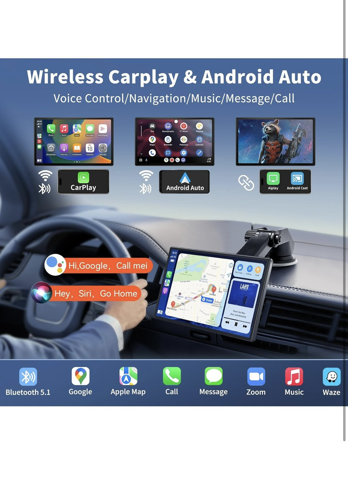 Wireless Carplay Screen with 4K Dash Cam, 9″ Portable Carplay Screen for Black