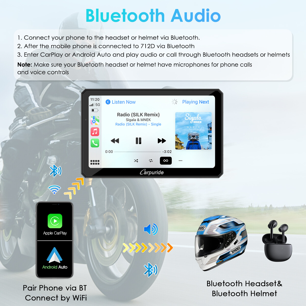 Carpuride W712D Wireless Carplay Android Auto Motorcycle Wired Controlled TPMS