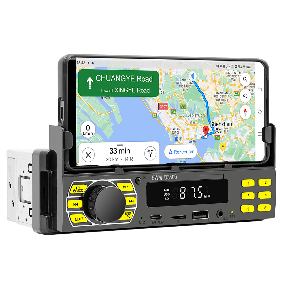 Single 1 Din Car Radio MP3 Player Bluetooth FM AUX USB Stereo With Phone Holder