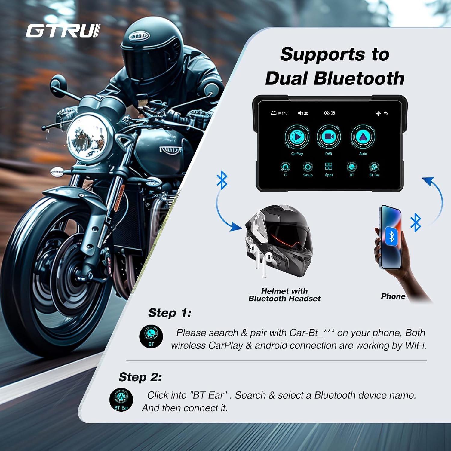 7″ Screen Waterproof Motorcycle Wireless CarPlay Android Auto Dash Camera GPS