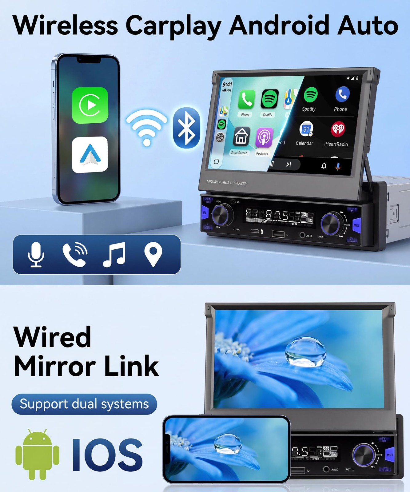 KYNNT 7 Inch Single DIN Flip Out Car Stereo with Wireless CarPlay & Android A…