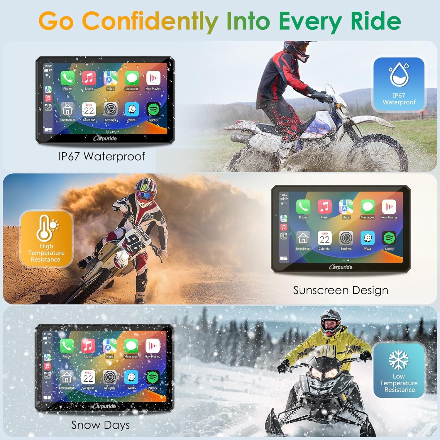 Carpuride W712D Carplay Android Auto Wired Controlle Waterproof Touchscreen GPS