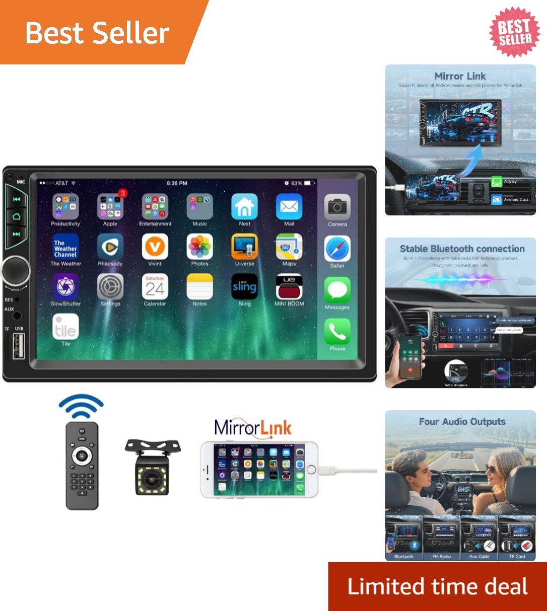 Multimedia Double Din Car Stereo – 7-Inch Touchscreen, Bluetooth & Mirror Link