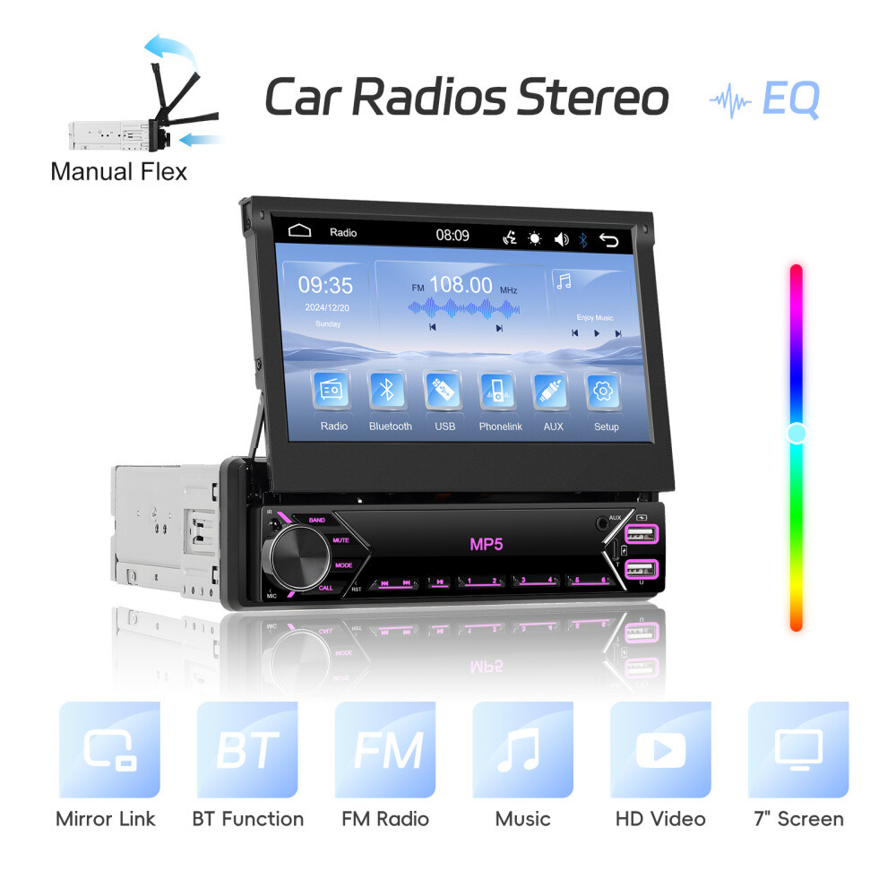 7″ Single 1 DIN Flip out Touch Screen Car Stereo Bluetooth Mirror Link FM Radio
