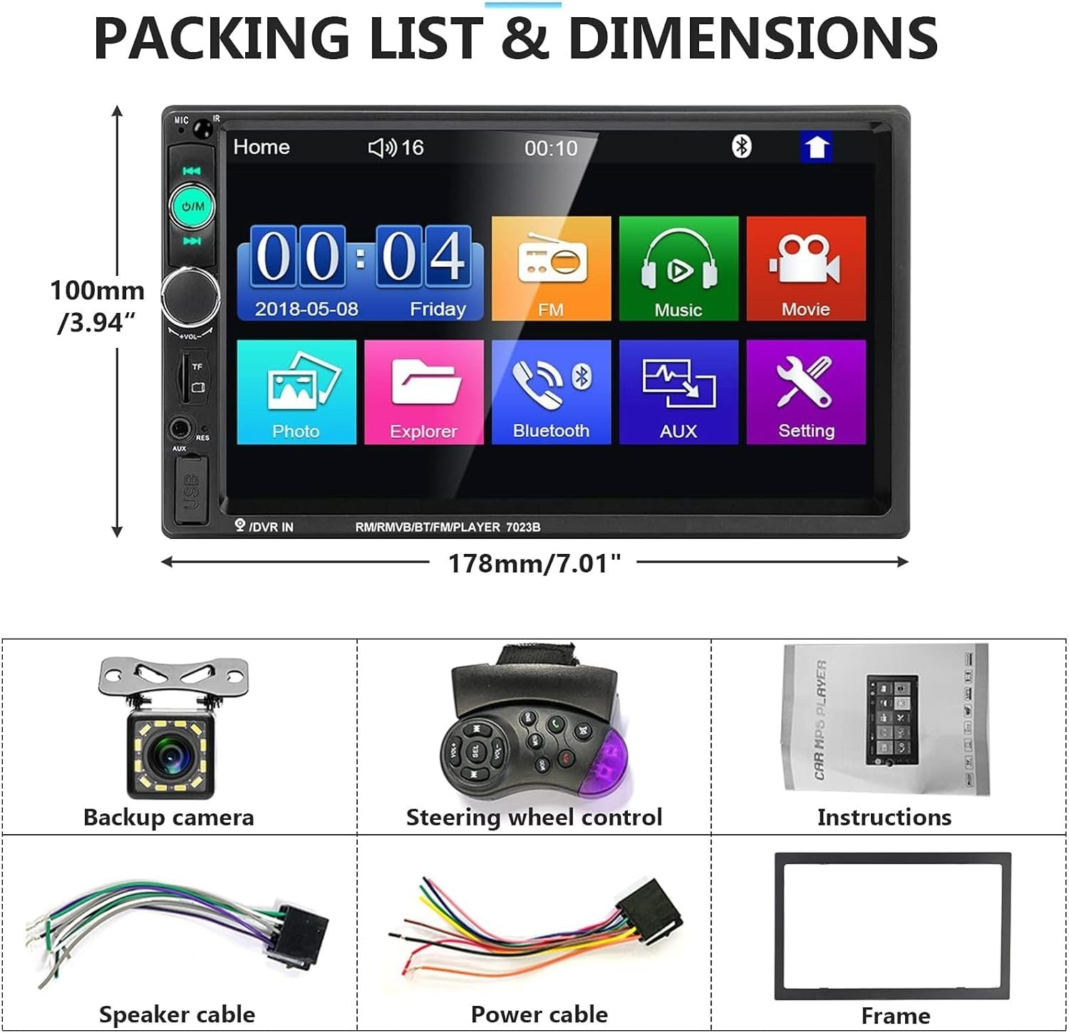 Double Din 7 Inch Car Radio with Touchscreen, Bluetooth & Reverse Safety Camera