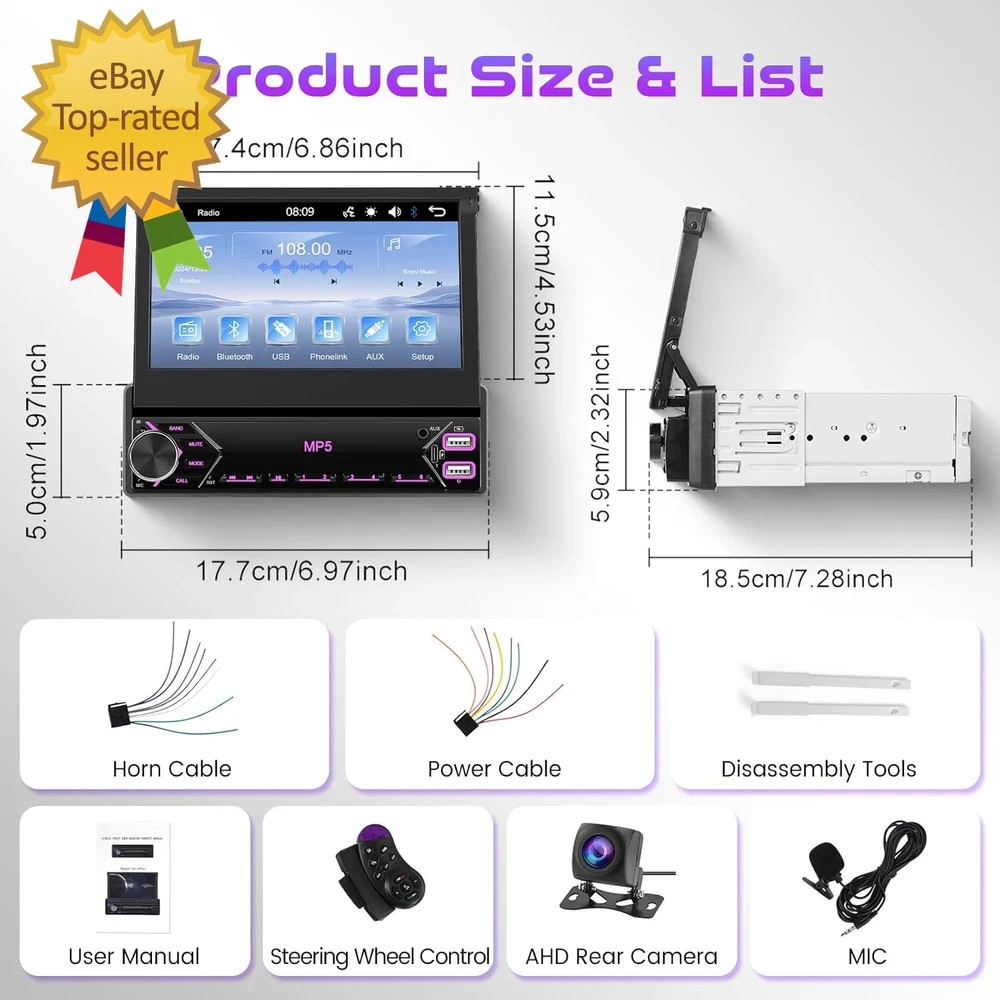 Single Din Flip Out Car Stereo Bluetooth 7 Inch Retractable Touch Screen Car Rad