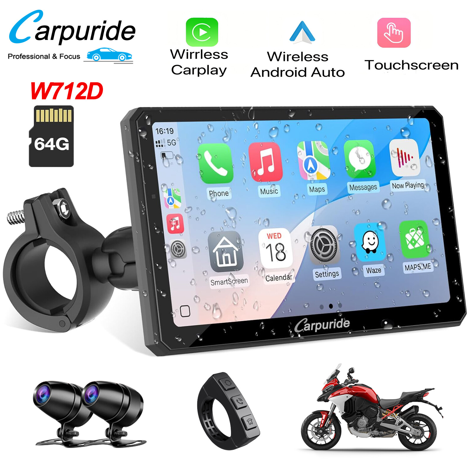 Carpuride W712D Wireless Carplay Android Auto GPS Motorcycle Stereo Waterproof