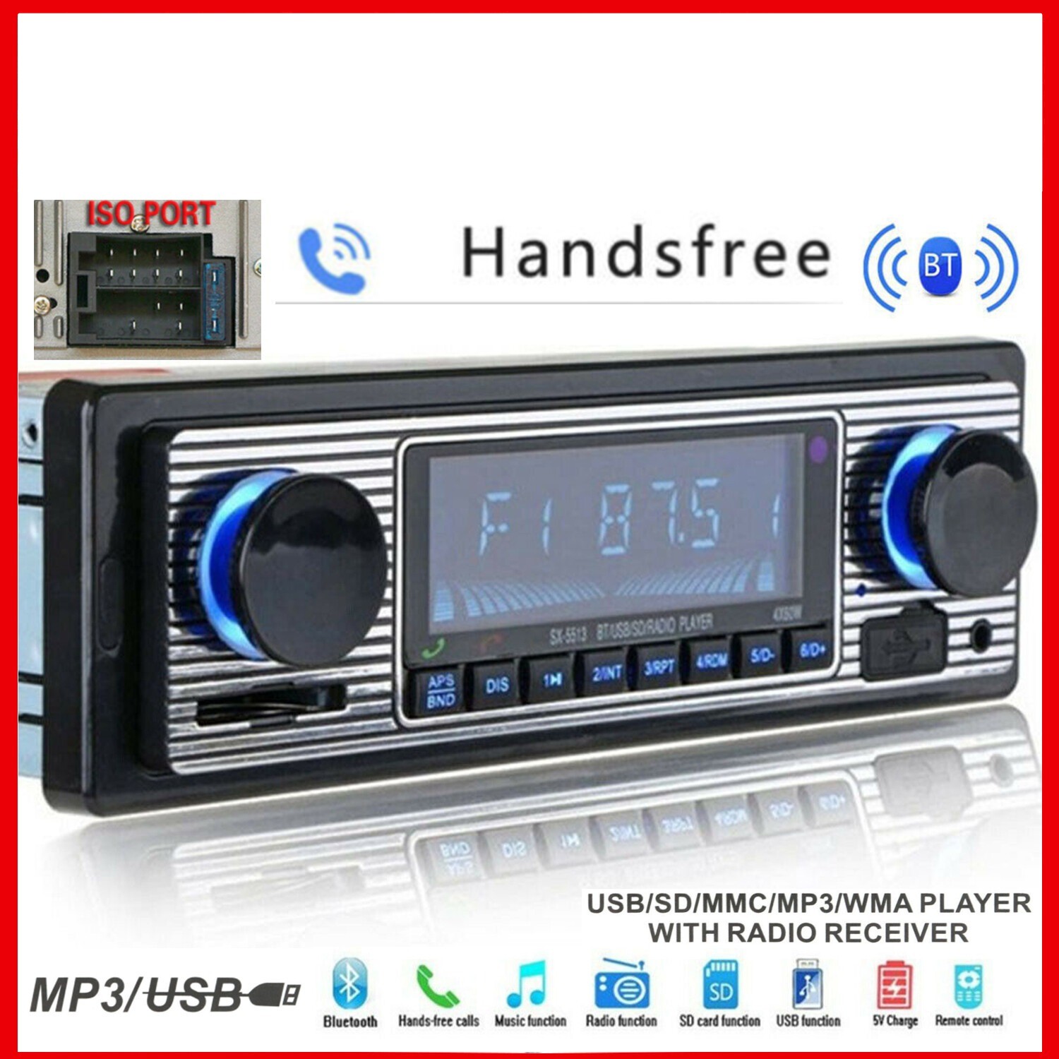 Bluetooth Vintage Car FM Radio MP3 Player USB Classic Stereo Audio Receiver AUX