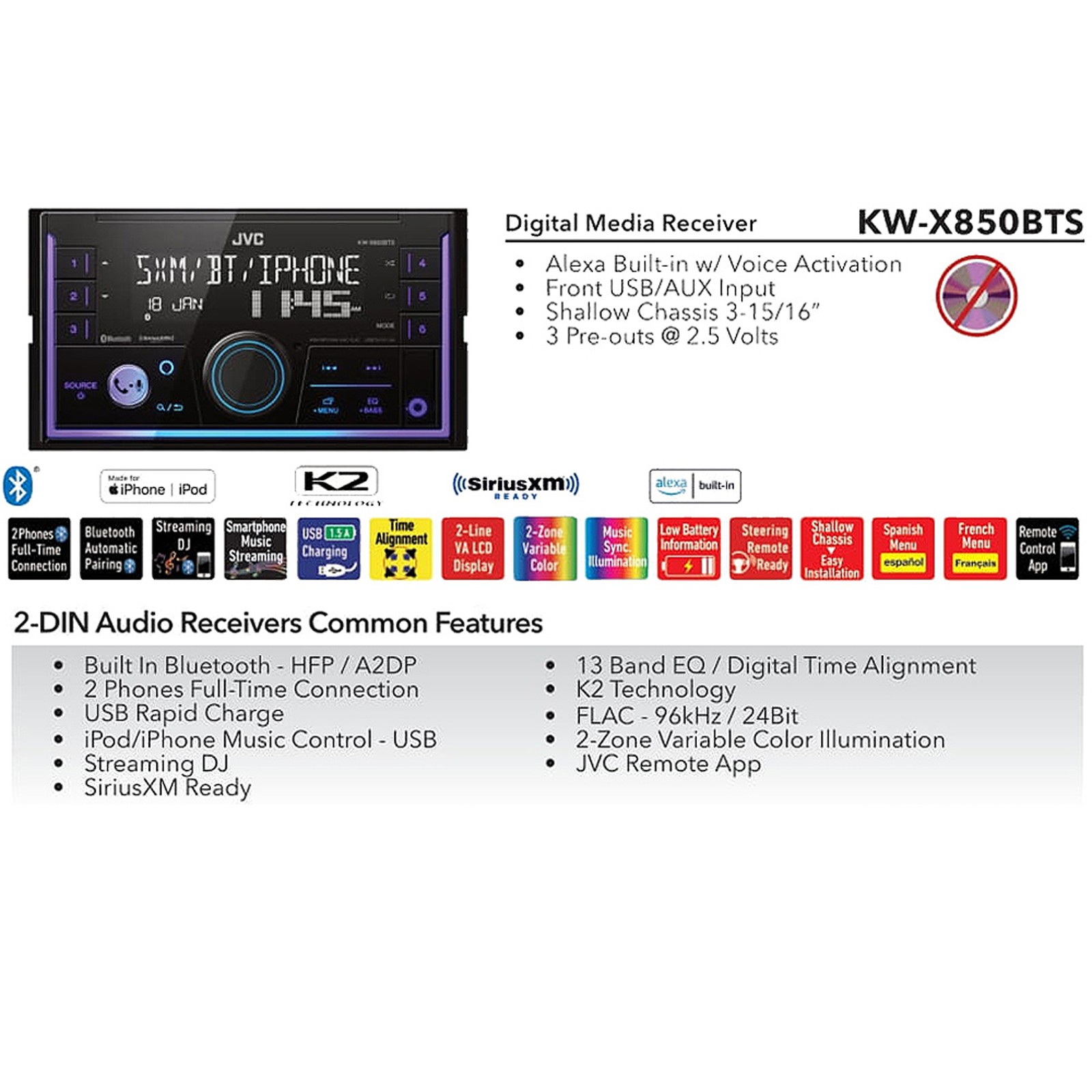 JVC KW-X850BTS Double DIN Bluetooth AM/FM Radio Digital Media Stereo Receiver