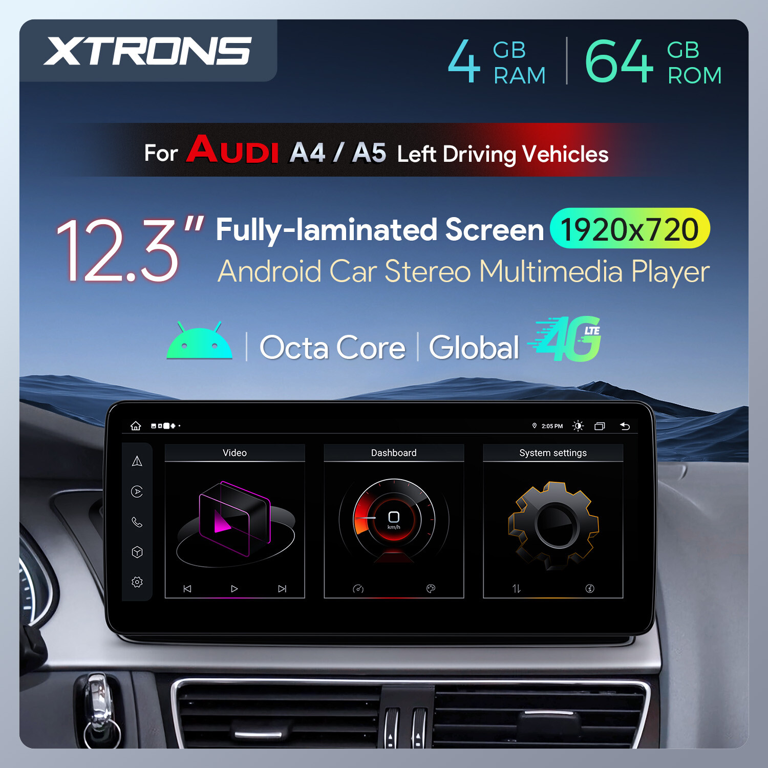 For Audi A4 A5 LHD 12.3″ Android Radio Player Wireless CarPlay IPS Screen 4G 64G