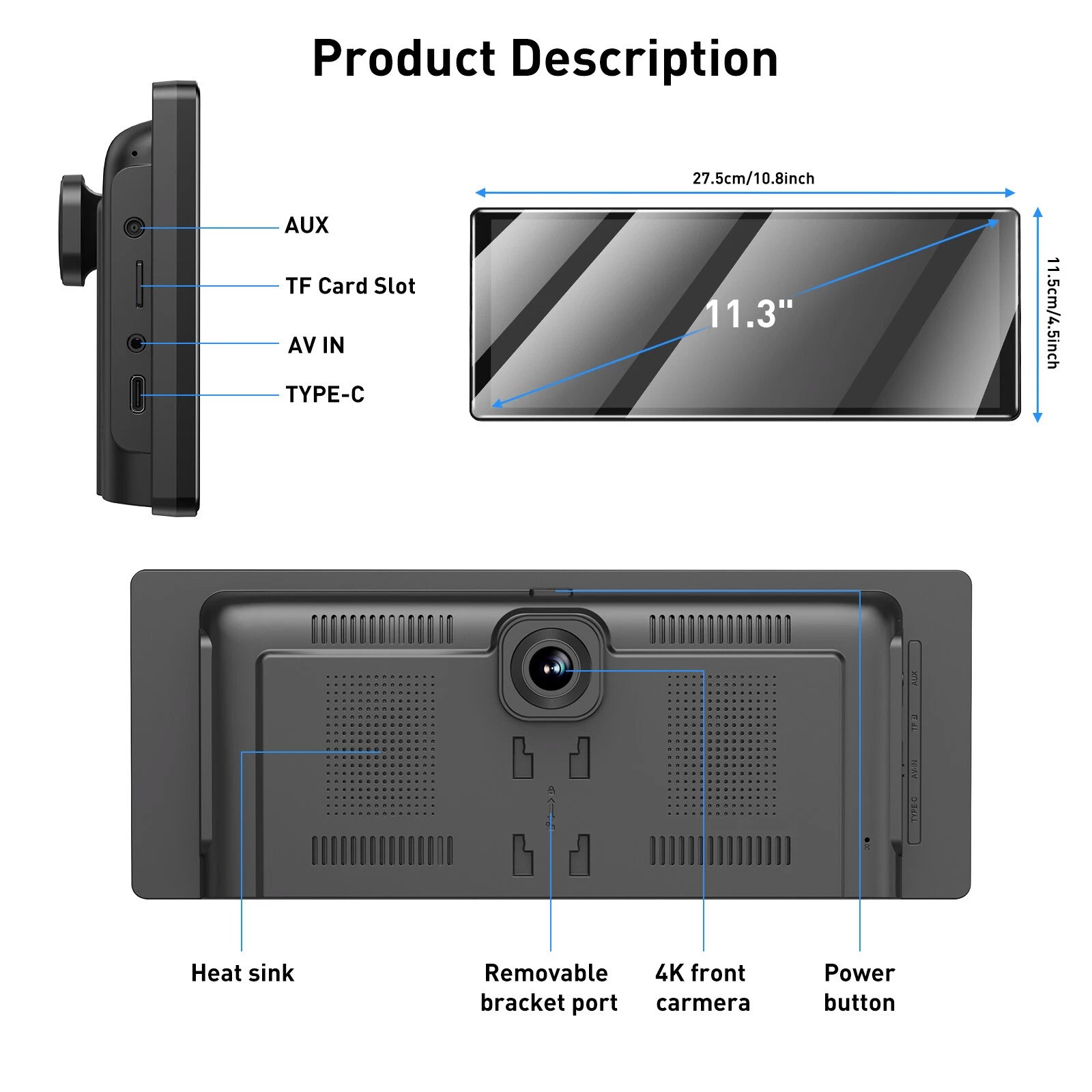 11.3 inch Car Multimedia Player Wireless Carplay Android Auto Dash Cam VideoQc
