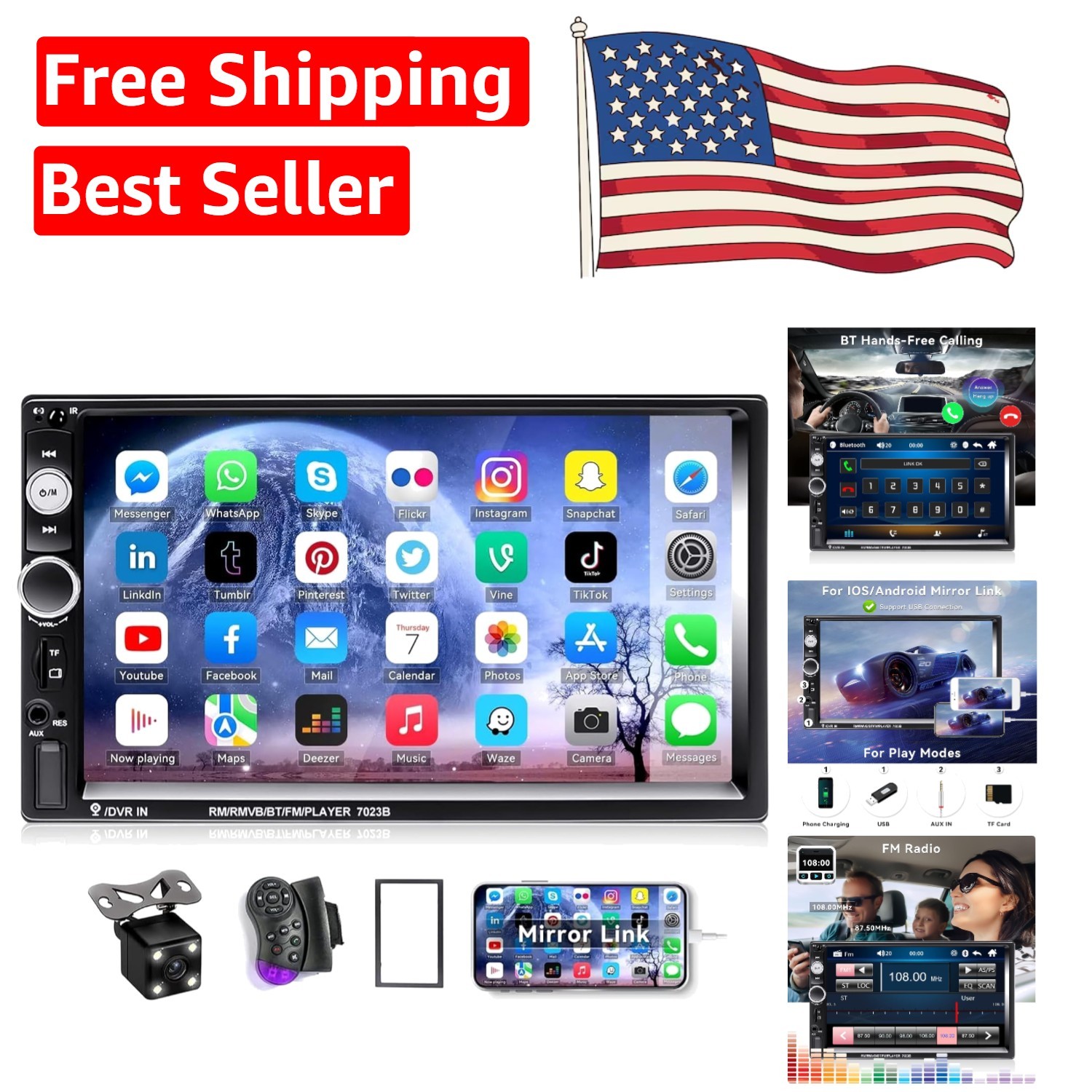 7” Double Din Car Stereo with 1080P Display, Bluetooth, & Backup Camera Included