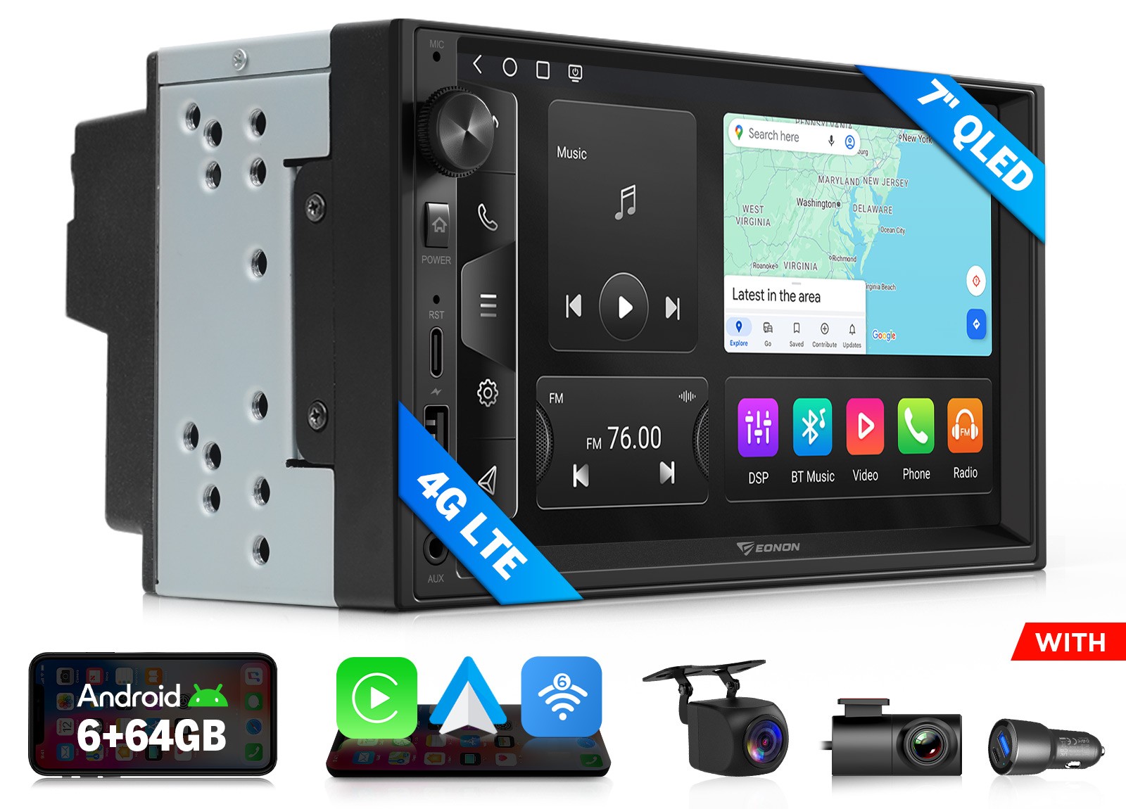 Double DIN Android 7 inch QLED 4G LTE 6+64 Car Radio Apple CarPlay GPS Universal