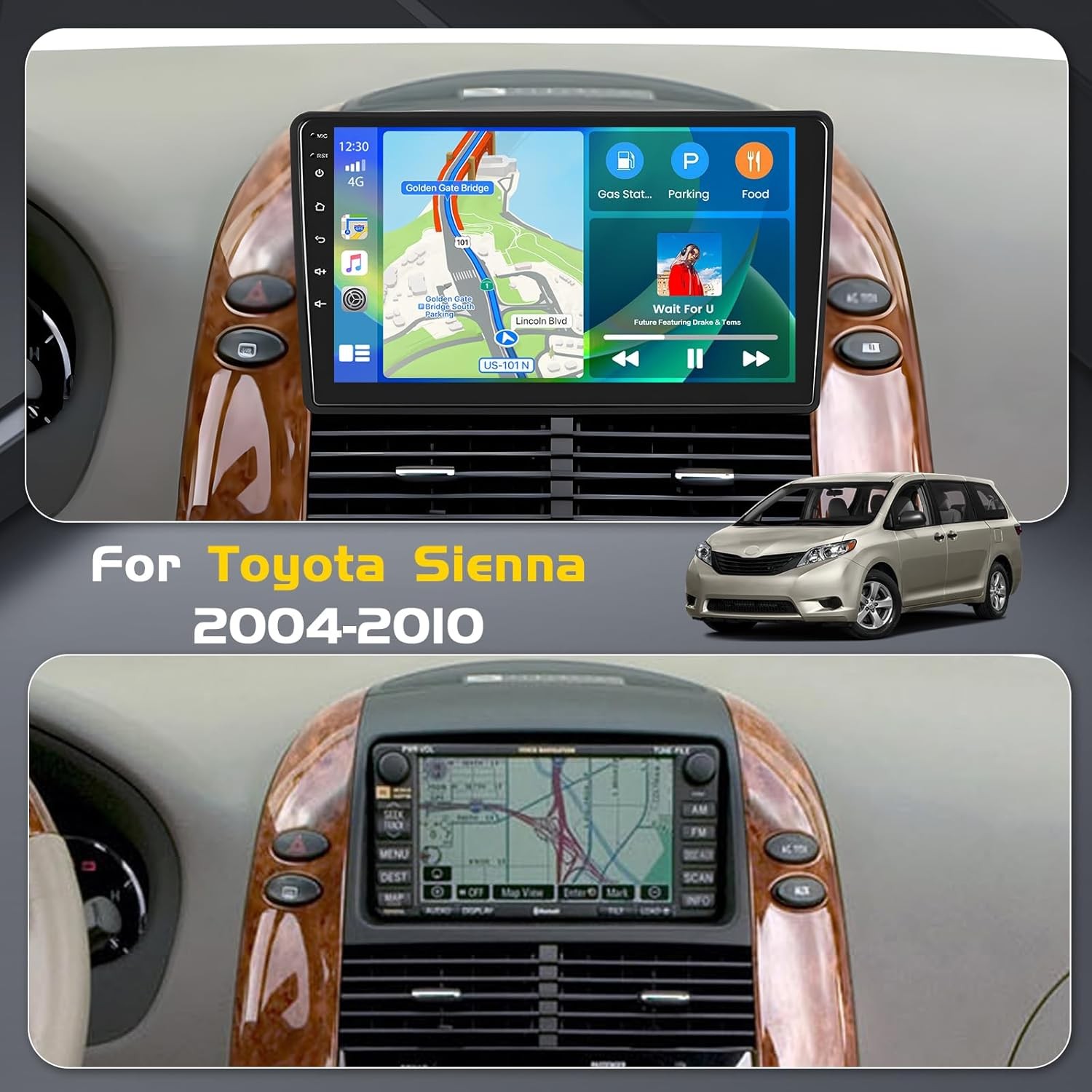 For Toyota Sienna 2004-2010 Android 12 Apple CarPlay Car Radio GPS Navi Cam JBL