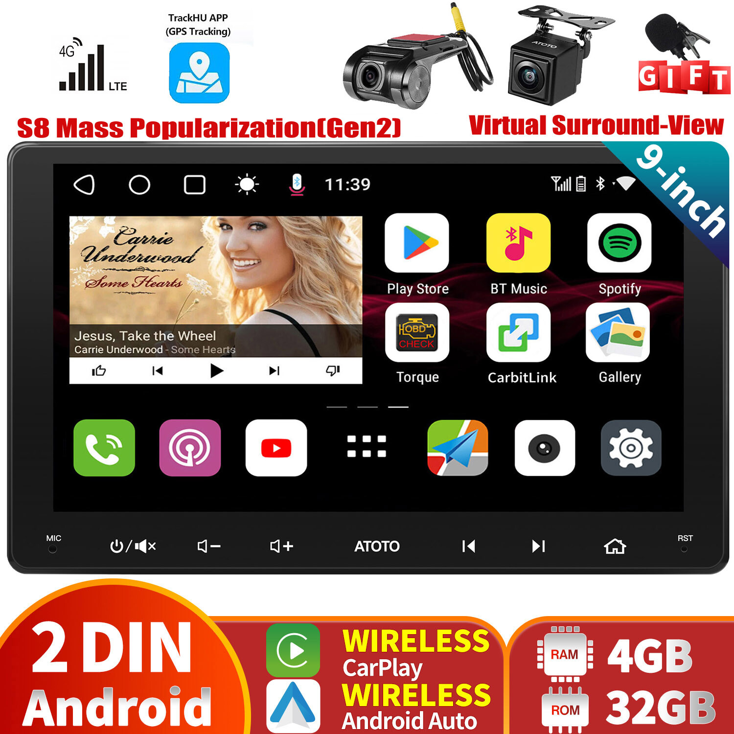 ATOTO 9″ S8MS Car Stereo Dual Camera Kit Dash DVR VSV Rearview Cam GPS Track NAV
