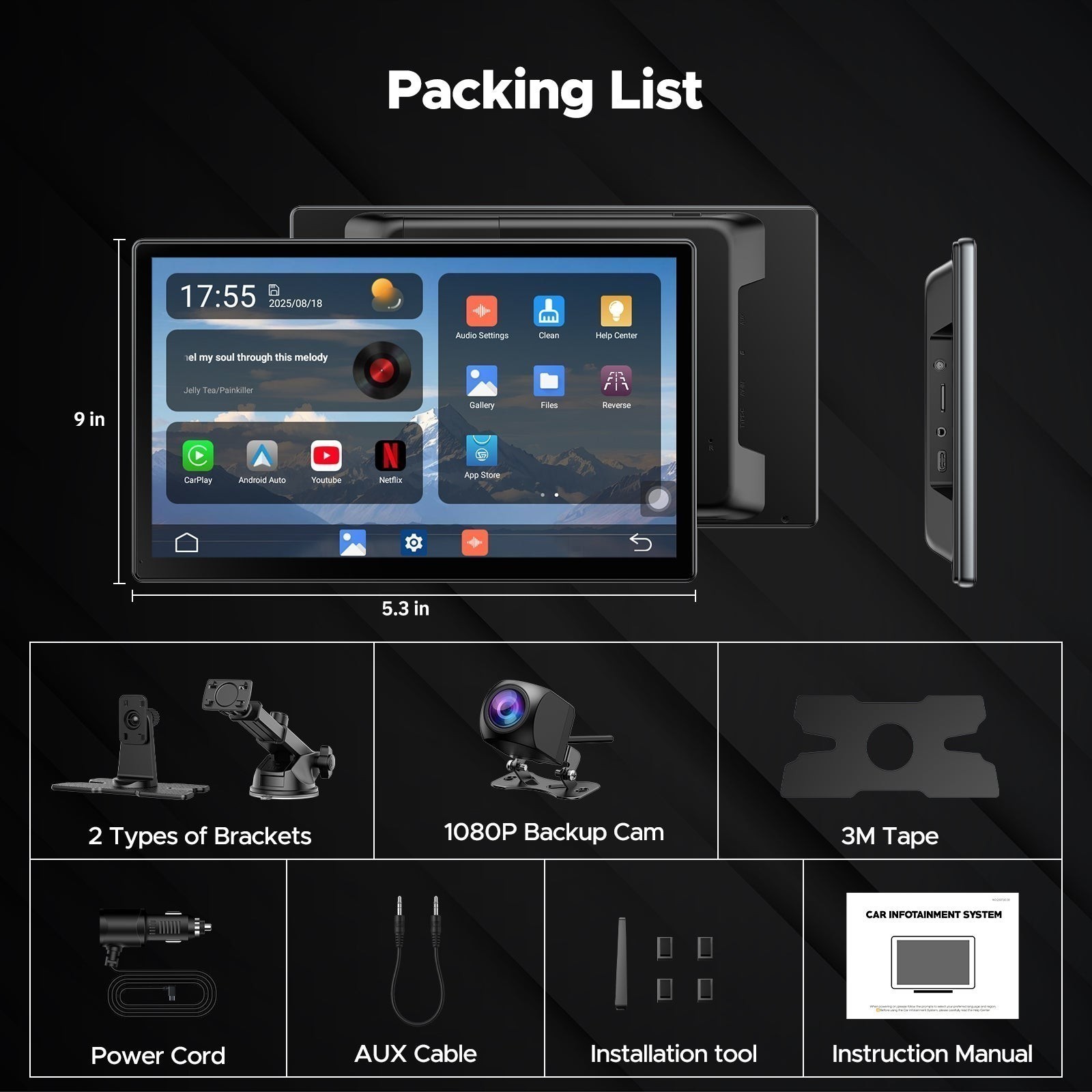 9″ Wireless CarPlay Screen With Youtube Netflix Android Auto GPS+Reverse Camera