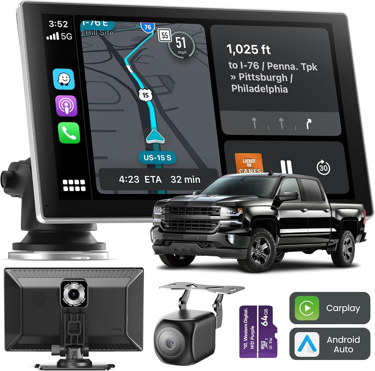 9″ Portable Wireless Carplay Screen, Android Auto, 4K Dash Cam 1080P Backup cam