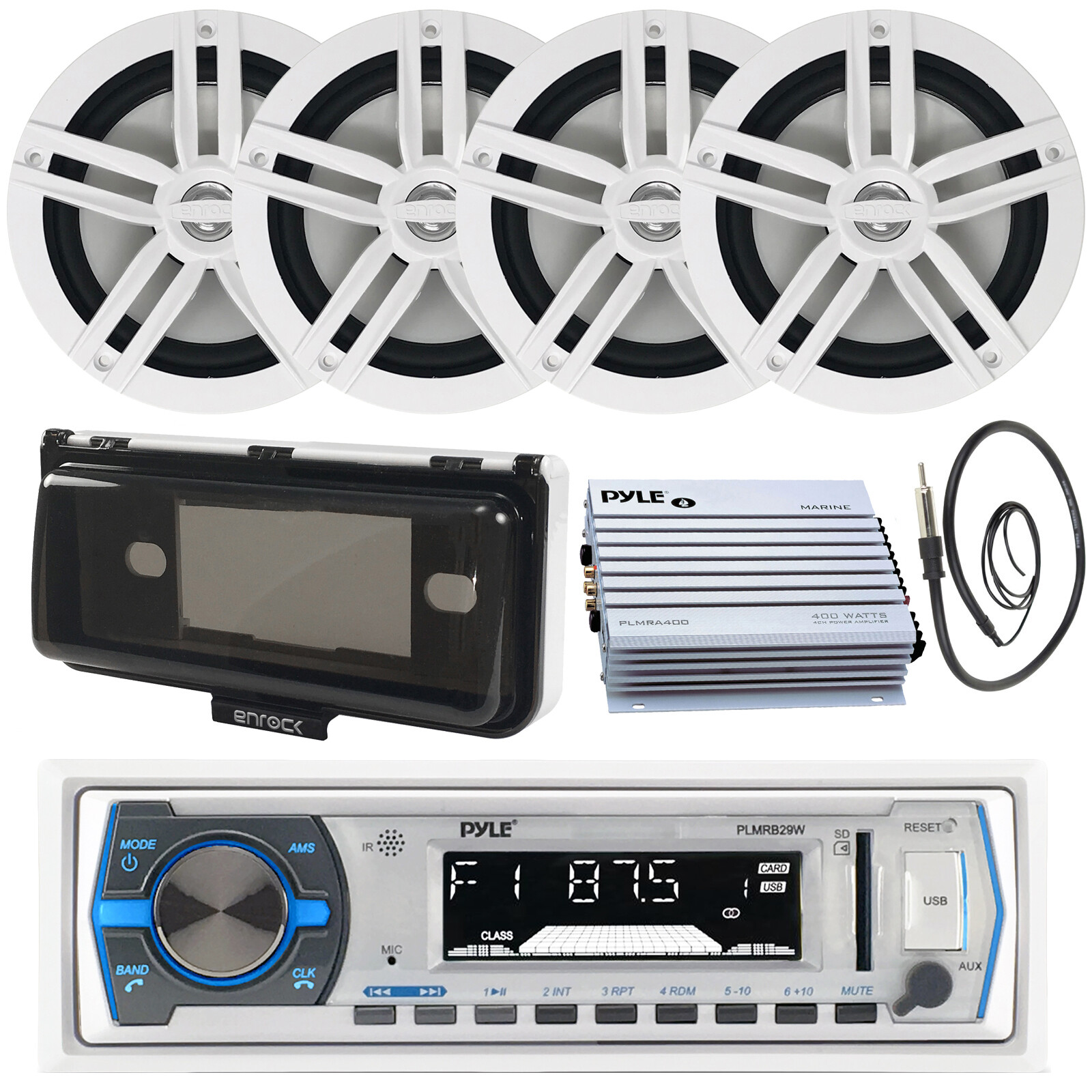 Pyle PLMRB29W Marine MP3 USB Stereo Radio Receiver + 4X Speakers & 400 Watt Amp