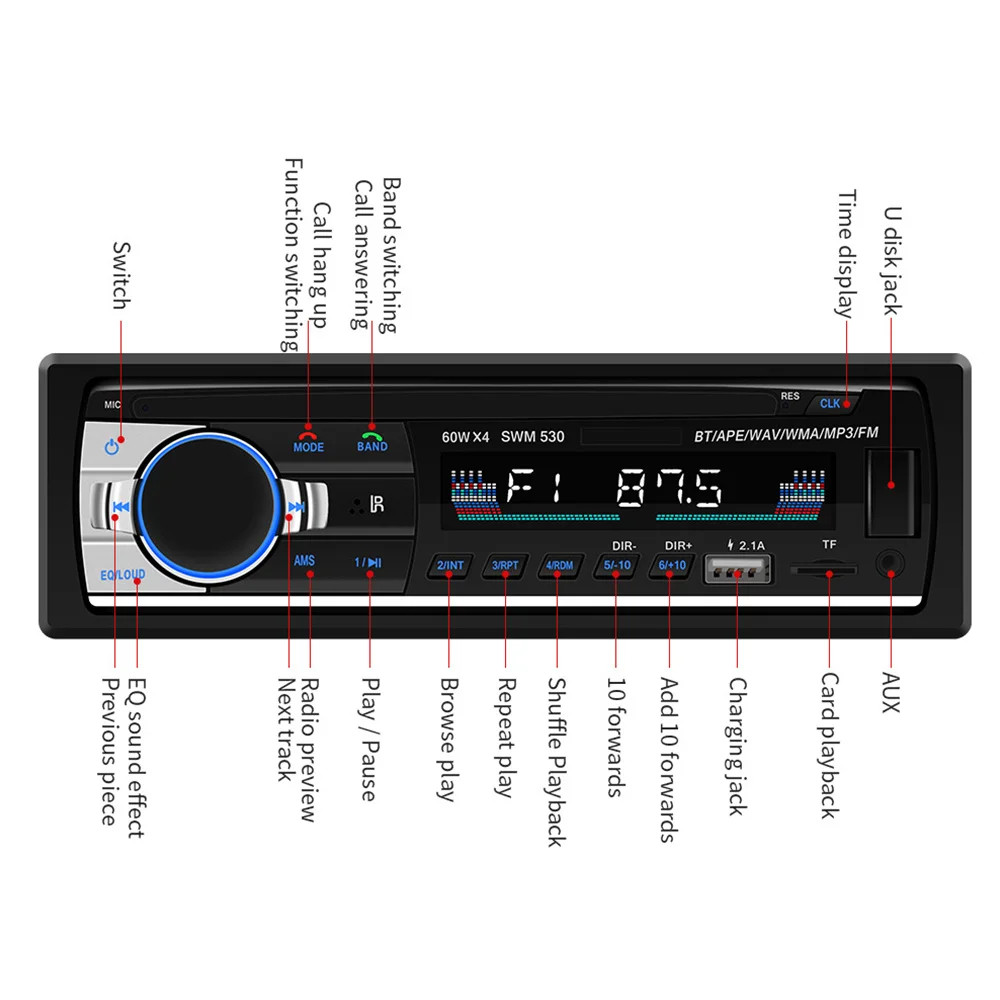 Single 1 DIN Car Stereo Radio Mp3 Player AUX IN USB TF SD Head Unit Bluetooth FM