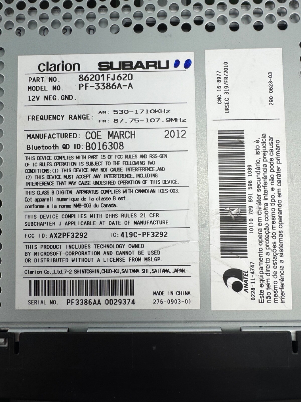 Clarion Suburu Imprezza Crosstrek PF-3386A-A Car Stereo 86201FJ620 MP3 WMA 12-14