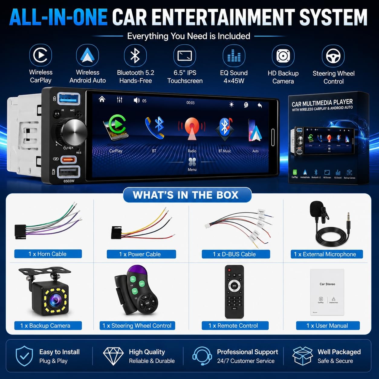 6.5″ Single Din Car Stereo, Wireless Apple CarPlay Android Auto, Car Bluetoot…